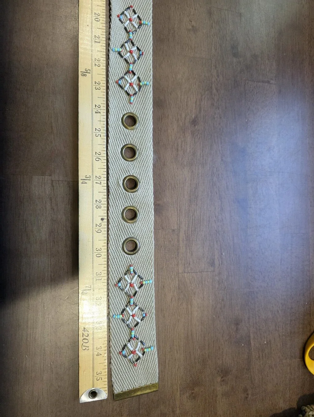 Embroidered Ivory Woven Belt with Brass Hardware Size 13